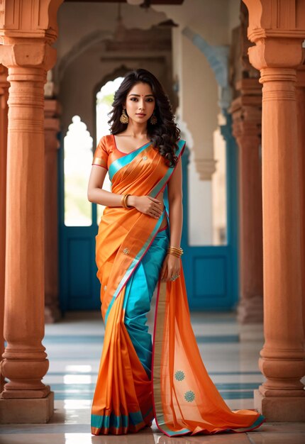 Foto bela mulher indiana em vestido tradicional de sari