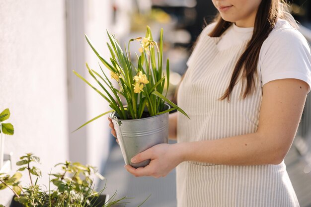 Bela mulher jardineira ao ar livre feliz mulher segurar balde de metal com narcisos leito de flores na varanda