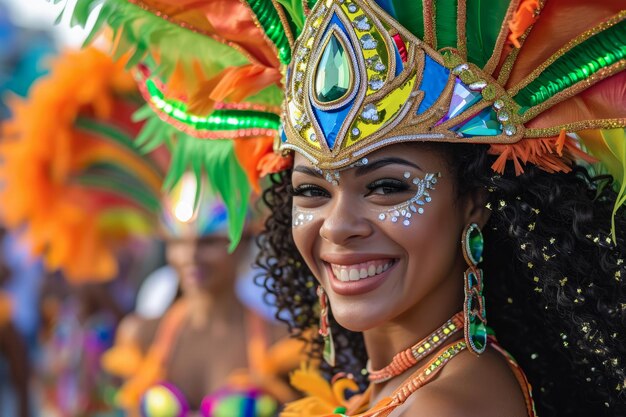 Bela mulher latina dançando nas ruas durante o carnaval