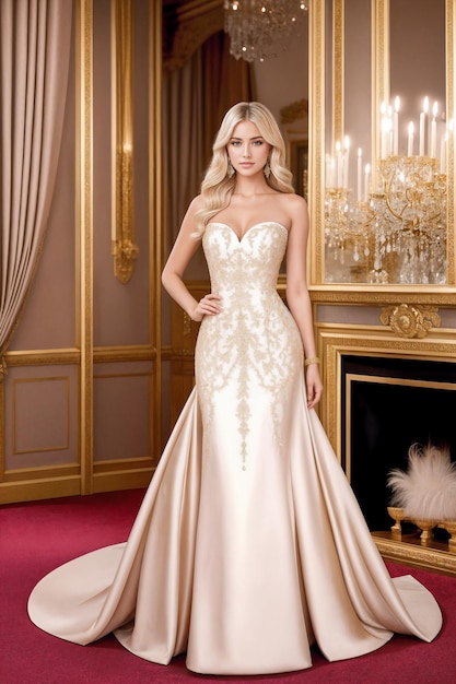 Bela mulher loira em um luxuoso vestido dourado de noite longa no palácio roupas de princesa designer criativo moda glamour arte
