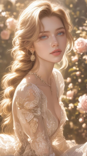 bela mulher loira em um vestido branco posando no jardim de rosas
