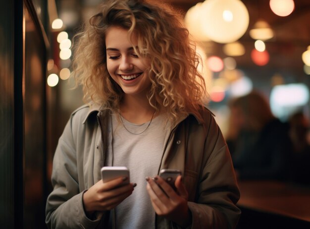 Foto bela mulher loira navegando uma mensagem de texto em seu telefone inteligente em um café em um inverno