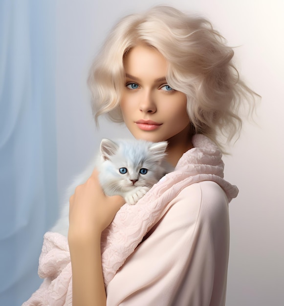 Bela mulher loira sorridente com um gato branco com olhos azuis retrato