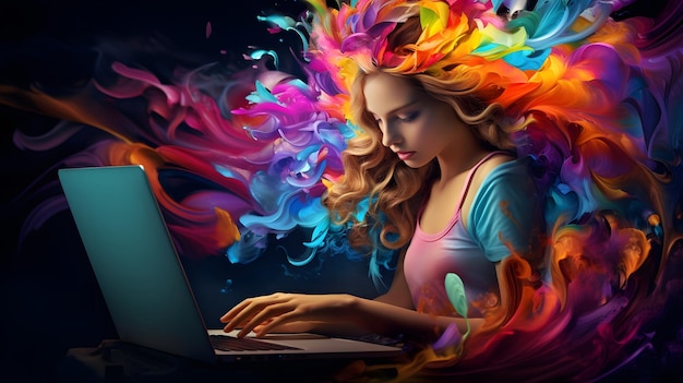 Foto bela mulher loira usando um computador portátil e fumaça colorida no fundo