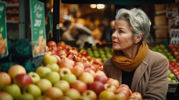 Foto bela mulher madura comprando maçãs em uma barraca de frutas no supermercado ai generativa