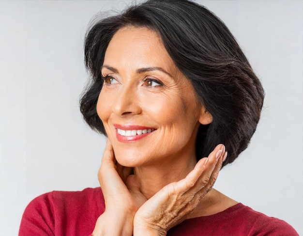 bela mulher madura de meia-idade de 50 anos isolada em fundo cinza branco no conceito de beleza de cuidados com a pele