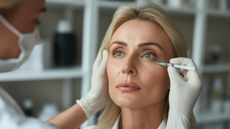 Foto bela mulher madura recebendo injeção de botox no rosto no salão de beleza