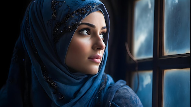 Bela mulher muçulmana de hijab olhando pela janela