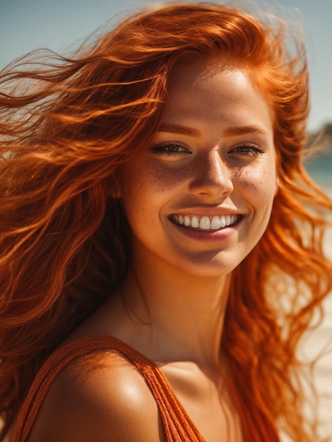 Bela mulher ruiva a desfrutar da brisa na praia.