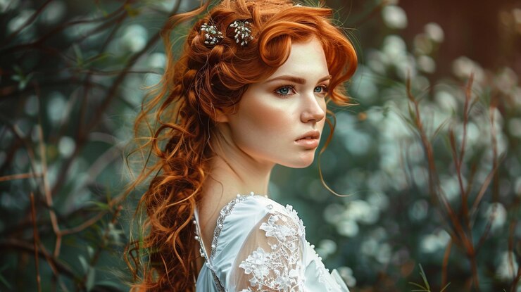 Foto bela mulher ruiva olhando para a câmera