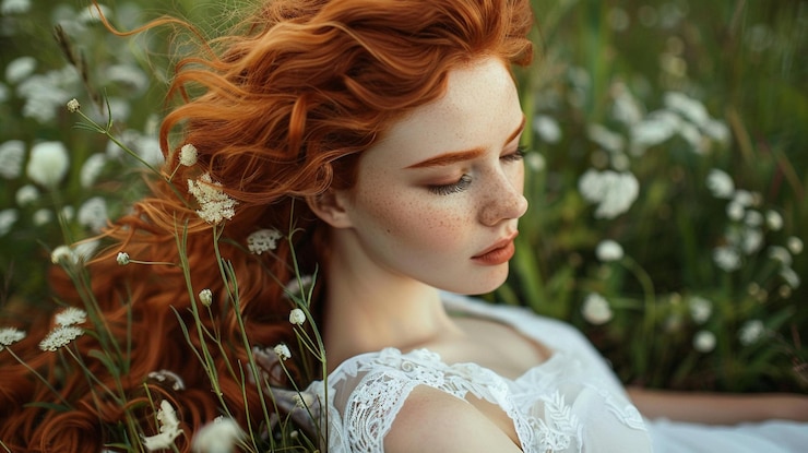 Foto bela mulher ruiva olhando para a câmera