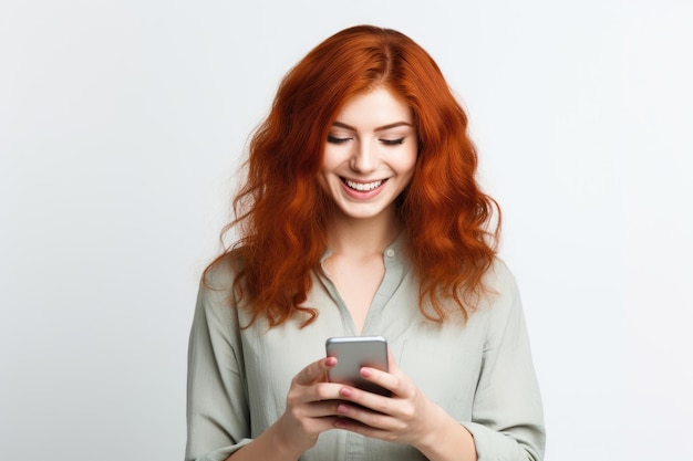 Bela mulher ruiva sorridente usa um telefone celular em um fundo branco