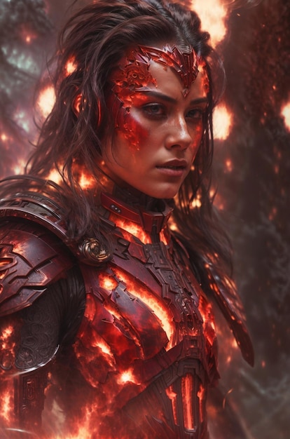 bela mulher scifi tech fantasia armadura de fogo em bokeh gaussiano fundo desfocado