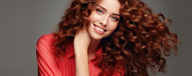 Bela mulher sorridente com cabelos longos em fundo vermelho Generative ai
