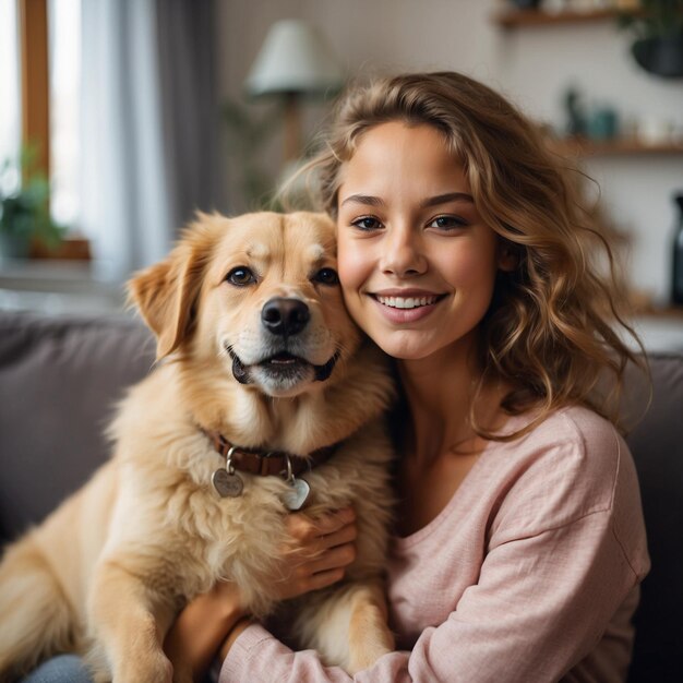 Foto bela mulher sorridente com os seus animais de estimação