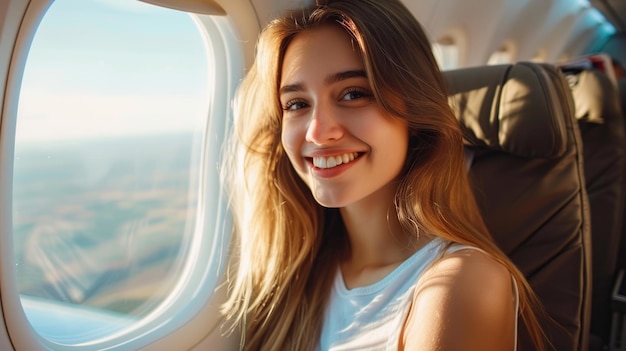 Bela mulher sorrindo viajante olhando para a janela no avião com felicidade e relaxamento