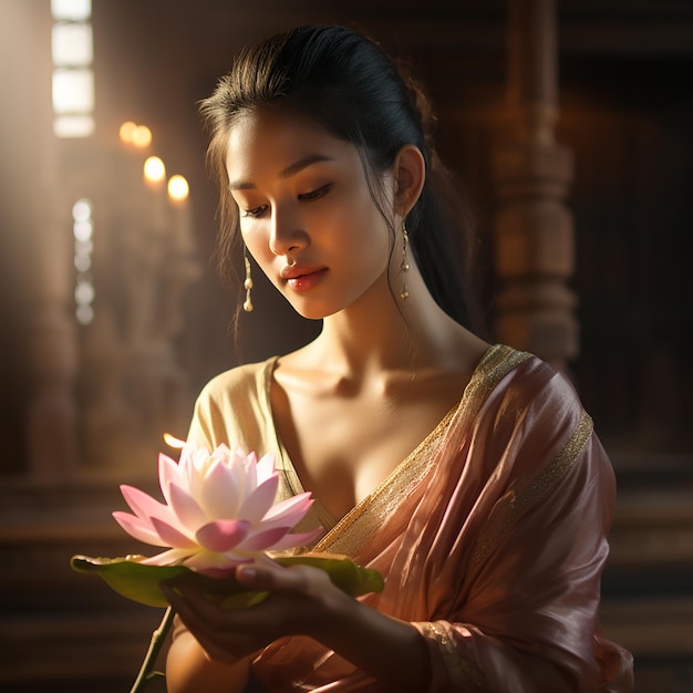 Foto bela mulher vestindo um vestido amarelo thai loi krathong decorado com flores velas e incenso