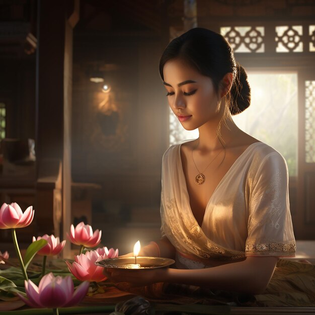 Foto bela mulher vestindo um vestido amarelo thai loi krathong decorado com flores velas e incenso