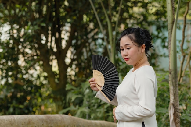 Bela mulher vietnamita em vestido ao dai ao ar livre