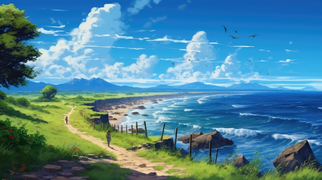Bela natureza do mar com ilustração de paisagem de estilo anime IA generativa
