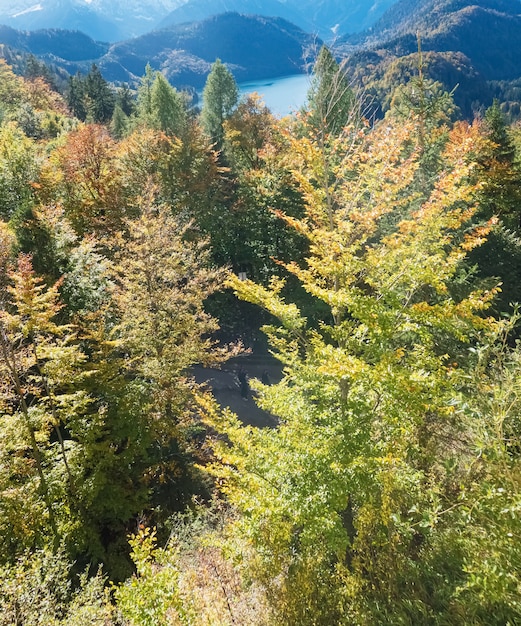 Bela natureza dos Alpes europeus, vista da paisagem do lago e da vila das montanhas alpinas em um dia ensolarado de viagem e cenário de destino