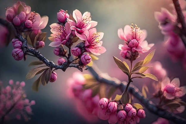 Bela natureza em forma de ramo florescente de flores cor de rosa no fundo desfocado do dia de primavera