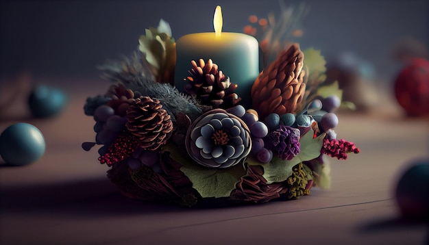 Bela natureza morta de Natal com velas e coroa de flores em backgroundgenerative ai escuro