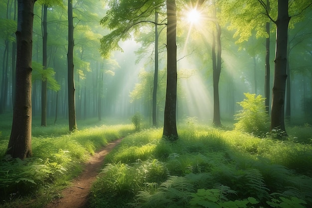 Foto bela natureza pela manhã na névoa da primavera floresta verde com raios de sol