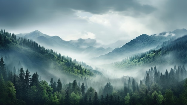 Bela névoa matinal da floresta montanhosa IA generativa