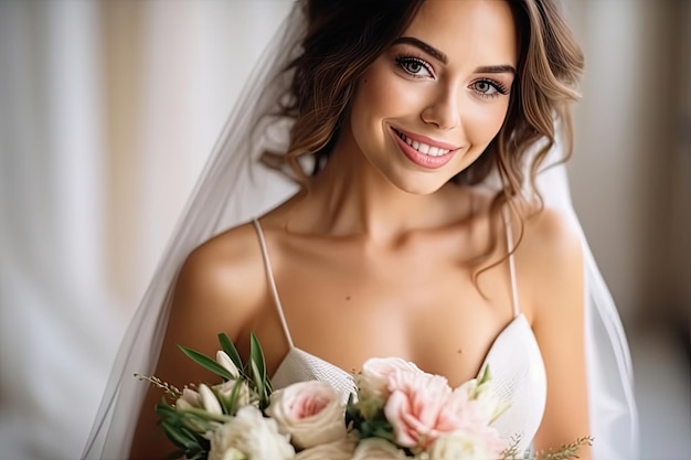 Bela noiva atraente vestindo vestido de noiva sorrindo e segurando buquê sentindo-se tão orgulhosa e feliz no dia do casamento