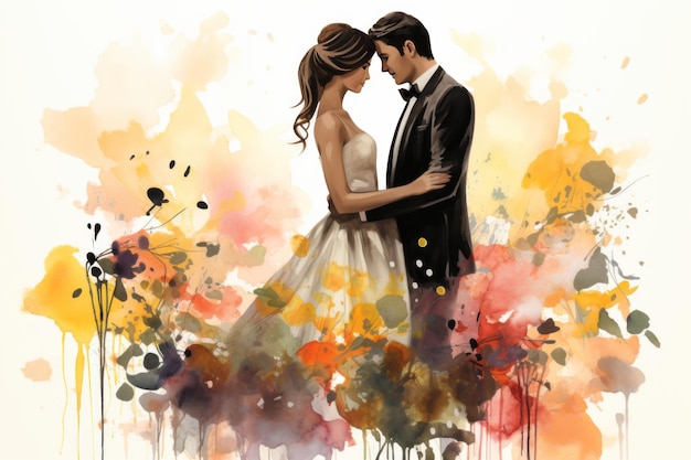 bela noiva e noivo em fundo colorido de aquarela