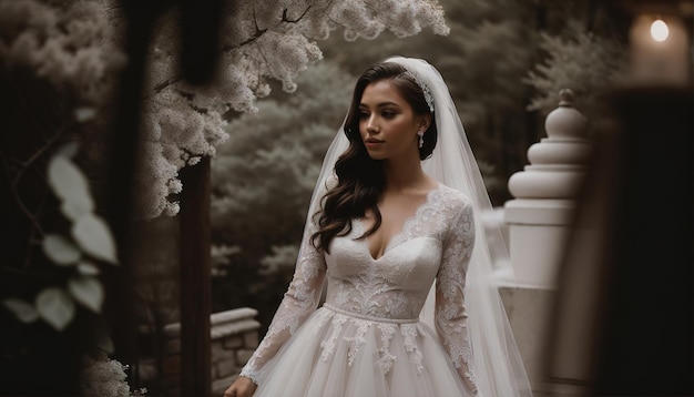 Bela noiva em vestido de noiva branco posando ai generativo