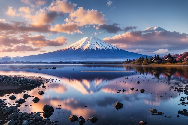 Bela paisagem cênica da montanha Fuji ou Fujisan com reflexo no lago Shoji ao amanhecer com céu crepúsculo na Prefeitura de Yamanashi, Japão Viagens famosas e acampamento em 1 de 5 lagos de Fuji