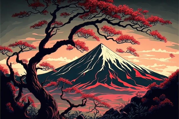 Bela paisagem com a árvore da montanha fuji japão Feita por AIArtificial intelligence