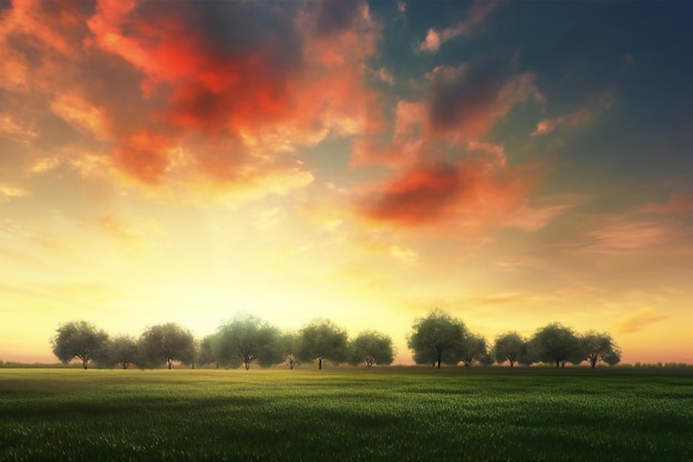 Bela paisagem com árvores de prado verde e céu pôr do sol