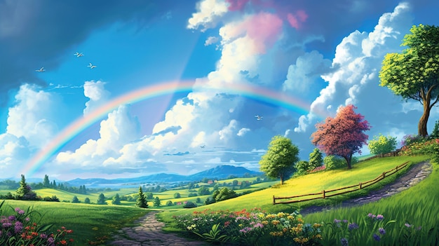 Bela paisagem com campo de grama verde e árvore solitária no fundo incrível arco-íris