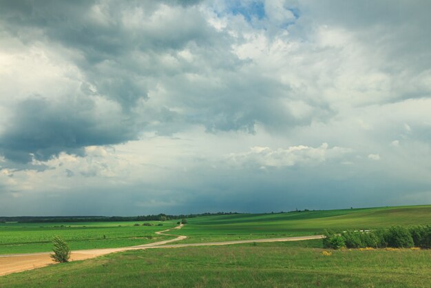 Bela paisagem com campo verde e nuvens.