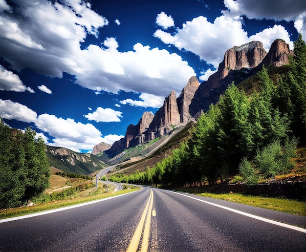 Foto bela paisagem com estrada e montanhas