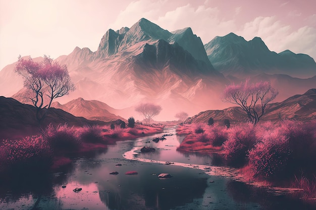 Bela paisagem com fundo de montanha e neblina sobre o rio em tons de rosa
