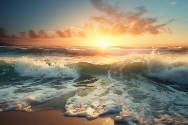 Bela paisagem com o pôr do sol do mar colorido da onda do oceano na luz da praia e nuvens no clima de verão de fundo IA generativa