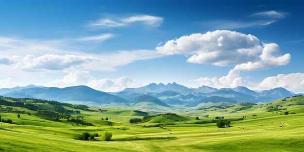 Bela paisagem com prados verdes e montanhas sob o céu azul