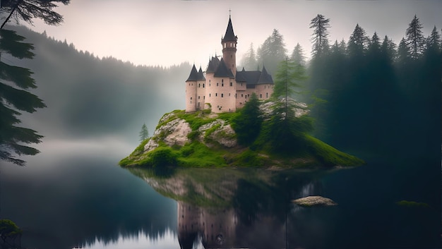 Bela paisagem com um castelo na floresta perto da água contra o fundo de montanhas e nuvens