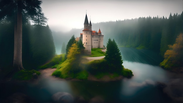 Bela paisagem com um castelo na floresta perto da água contra o fundo de montanhas e nuvens