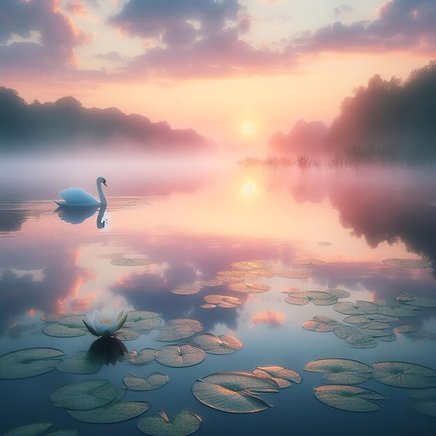 Foto bela paisagem com um cisne no lago ao nascer do sol