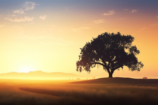 Bela paisagem com uma árvore solitária ao nascer do sol