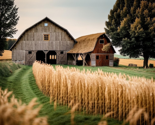 bela paisagem com uma casa de celeiro de madeira na zona rural