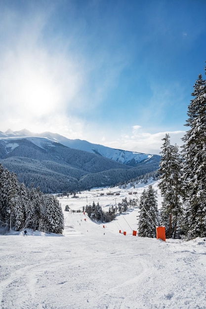 Bela paisagem da estância de esqui Arkhyz com floresta de neve de montanhas e trilha em um dia ensolarado de inverno Montanhas do Cáucaso Rússia Orientação vertical