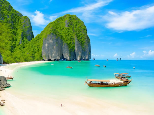 Bela paisagem da praia de Maya Bay na ilha de Phi Phi Krabi Tailândia marco