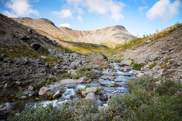 Bela paisagem das montanhas Khibiny com pedras e um riacho de montanha em um dia ensolarado. Península de Kola, Rússia