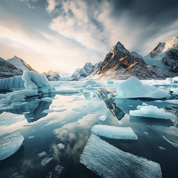 Foto bela paisagem de blocos de gelo sobre o lago entre as montanhas